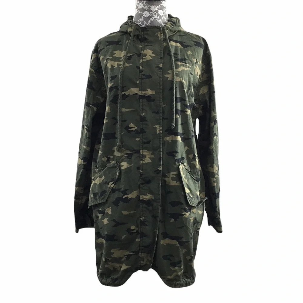 BP Nordstrom Green Camo Cotton Hooded Jacket Womens Small Snap Zip Up Longline